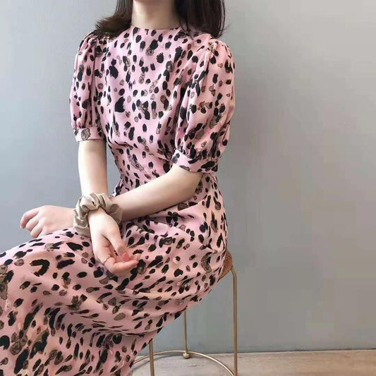 Leopard Print Puff Sleeve Dress Summer New Round Neck Lace-up Waist-controlled Slimming Temperament Split Long Dress